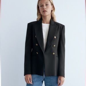 NWT ZARA BLACK GOLD BUTTON PADDED SHOULDER FITTED DOUBLE BREASTED PIQUE BLAZER S